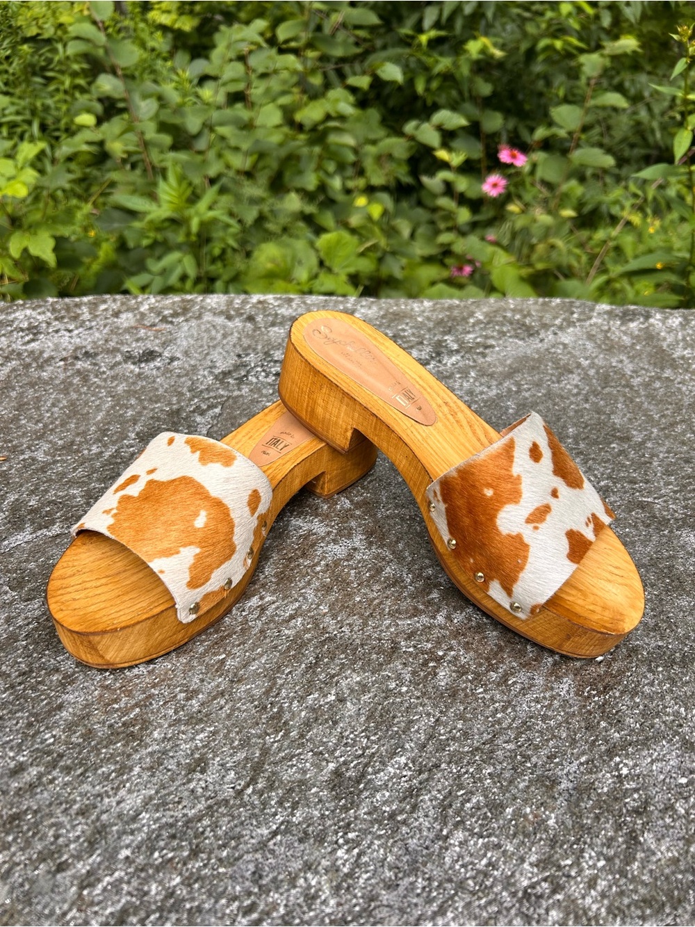 Splendid Brown and White Cowhide Slide Clogs